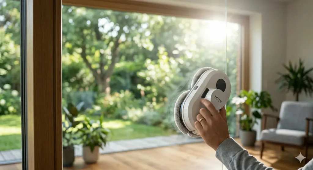 Une vue en gros plan, lumineuse et moderne, d'une baie vitrée sans traces sur les vitres au soleil. Un rayon de soleil direct traverse le verre parfaitement transparent, sans aucune trace, halo ou poussière visible. On aperçoit, en bas de la vitre, un robot lave-vitre compact (type Hutt) en train de terminer son cycle, symbolisant l'efficacité de la solution technologique