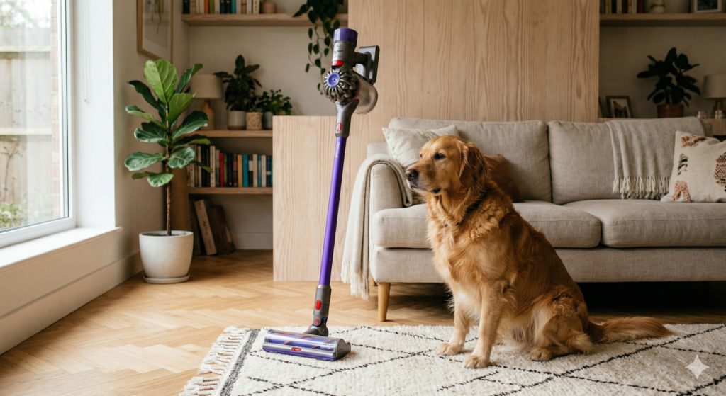 Aspirateur balai Dyson V8 Animal violet posé dans un salon avec un chien Golden Retriever sur un tapis