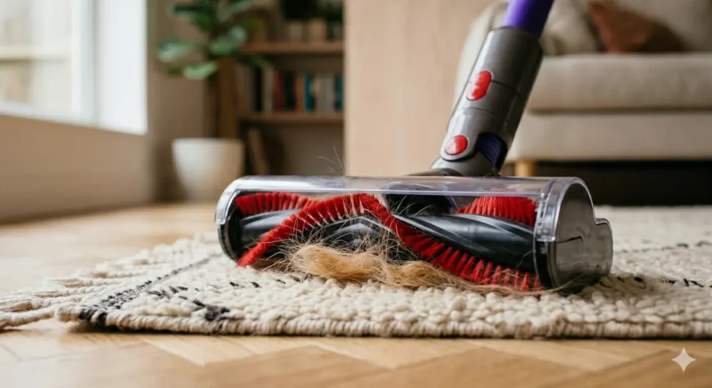 Gros plan brosse Motorbar Dyson V8 Animal aspirant poils de Golden Retriever sur tapis berbère