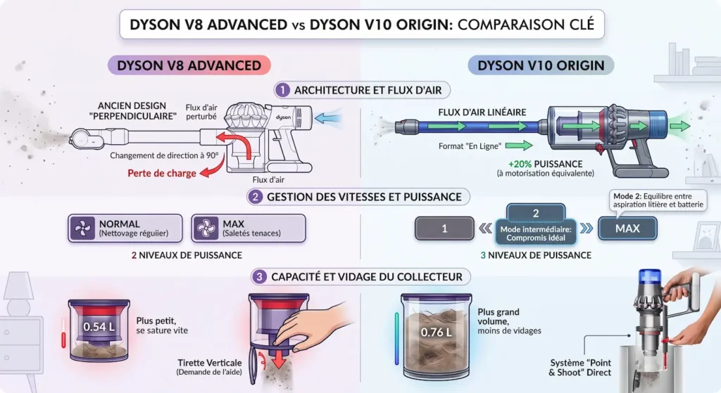 différences clés entre le V10 Origin VS V8 Advanced